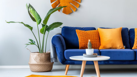 A stylish living room featuring a blue sofa adorned with orange accent pillows, a lush indoor plant, and modern decor elements creating a vibrant atmosphere.の素材