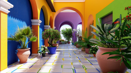 Experience a vibrant corridor adorned with colorful arches and lush potted plants, creating a captivating tropical atmosphere. Ideal for travel and design enthusiasts.の素材