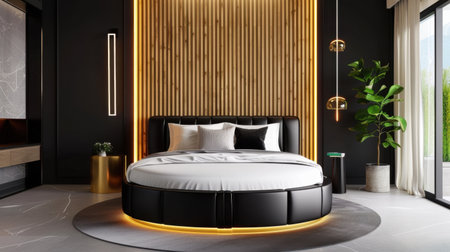 A stunning modern bedroom featuring a stylish round black bed surrounded by wooden accents, minimalist decor, and elegant lighting, perfect for relaxation.の素材