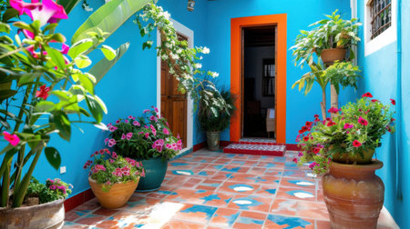 Discover a vibrant courtyard featuring stunning blue walls, lush plants, and colorful flowers in pots that create a warm and inviting atmosphere.の素材