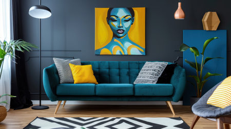 A modern living room featuring a vibrant blue sofa, colorful artwork, and stylish decor accents. The space is warm and inviting, blending contemporary design with artistic flair.の素材