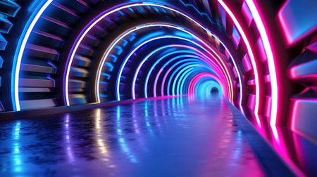 A stunning abstract tunnel illuminated with vibrant neon lights creates a mesmerizing atmosphere. The reflective floor enhances the digital age appeal, inviting exploration.の素材