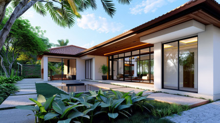 This image depicts a modern tropical house surrounded by a lush garden under a clear sky. The design emphasizes contemporary architecture, perfect for relaxation.の素材