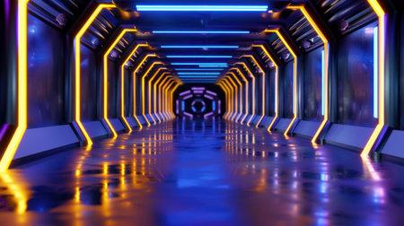 This high-tech corridor features vibrant neon lights in blue and yellow, reflecting on a sleek floor, creating an atmospheric sci-fi environment.の素材