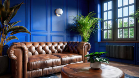This image features a cozy living room setting with a luxurious brown leather couch against vibrant blue walls. Decorative plants and large windows create a warm and inviting atmosphere filled with natural light. Perfect for showcasing modern interior design and home comfort themes.の素材