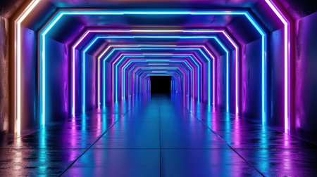 This captivating image features a futuristic tunnel illuminated by vibrant neon lights, creating a unique and immersive atmosphere for modern design.の素材
