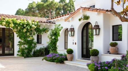 This beautiful house features an elegant white exterior, adorned with vibrant flowers and lush greenery, creating a serene and inviting atmosphere.の素材