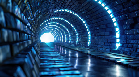 This image features a mesmerizing underground tunnel, characterized by illuminated brick walls and a glowing light at the end, creating an inviting yet mysterious ambiance.の素材