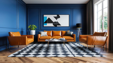 This modern living room features rich blue walls and stylish brown furniture set on a striking black and white area rug. The space is brightened by natural light from large windows, creating a welcoming atmosphere perfect for relaxation and social gatherings.の素材
