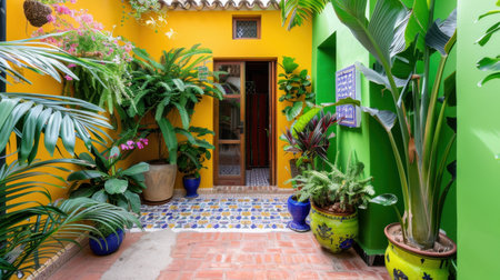 An inviting courtyard featuring lush greenery and vibrant walls creates a serene environment perfect for relaxation and aesthetic enjoyment.の素材