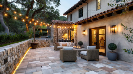 This serene outdoor patio features rustic stone walls, cozy seating, and enchanting string lights, creating a perfect evening retreat for relaxation and gatherings.の素材