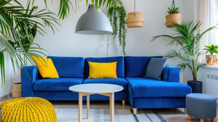 This vibrant living room features a stylish blue sofa adorned with bright yellow cushions, complemented by lush indoor plants and modern decor elements.の素材