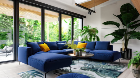 Bright and airy living room featuring a blue sectional sofa, indoor plants, and large windows. Stylish decor creates a cozy and modern ambiance.の素材