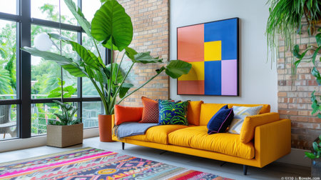 This image captures a bright and cozy living room featuring a vibrant orange sofa adorned with colorful cushions. Large indoor plants add life, complemented by modern art on the wall, creating a stylish atmosphere.の素材