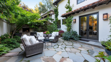 This inviting outdoor living space features comfortable furniture amidst lush greenery, perfect for relaxation and entertaining in a serene garden setting.の素材