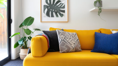 Bright and inviting living room featuring a cheerful yellow sofa adorned with decorative pillows. Surrounding greenery enhances the modern aesthetic, while artwork adds character. Ideal for a cozy home environment.の素材