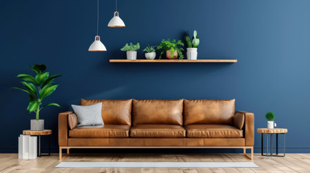 This modern living room showcases a brown leather sofa against a blue wall, accented by green plants and stylish decor, creating a cozy and inviting atmosphere.の素材