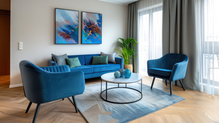 A modern living room featuring a stylish blue sofa and armchairs, framed artwork, and natural light, creating a cozy and inviting setting for relaxation.の素材