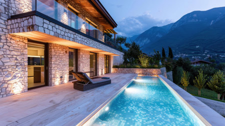 A stunning modern villa featuring a stone exterior and a sparkling pool, nestled amidst majestic mountains, creates a peaceful evening retreat.の素材