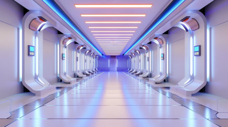 A sleek and bright futuristic hallway featuring neon lights and modern design elements. Ideal for science fiction themes, architectural showcases, or digital art projects.の素材