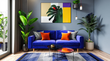 This modern living room features a stylish blue sofa adorned with vibrant cushions, complemented by artistic wall decor and lush green plants, creating a cozy ambiance.の素材