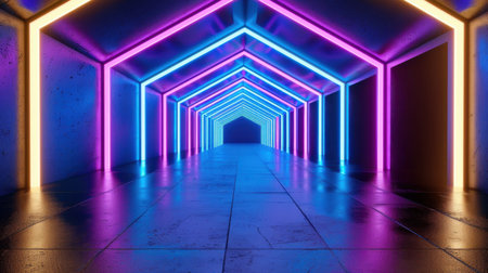 Explore a stunning futuristic corridor illuminated by vibrant pink and blue neon lights, creating an artistic and modern digital atmosphere.の素材
