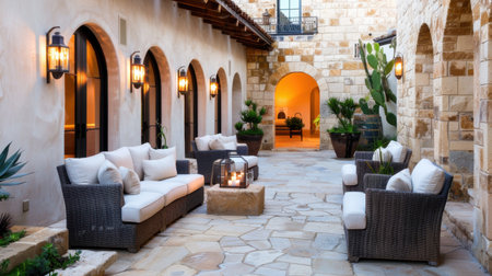 This stunning outdoor patio features stylish seating and warm lighting, perfect for relaxation and entertainment in a serene and luxurious garden setting.の素材