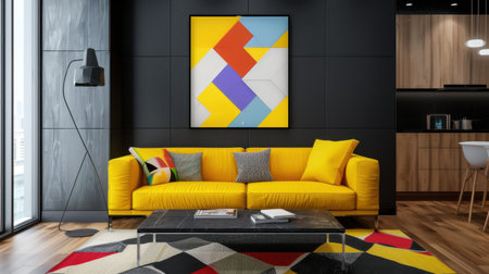 A bright and inviting modern living room featuring a vibrant yellow sofa, abstract artwork on the wall, and striking geometric rugs that create an artistic atmosphere.の素材