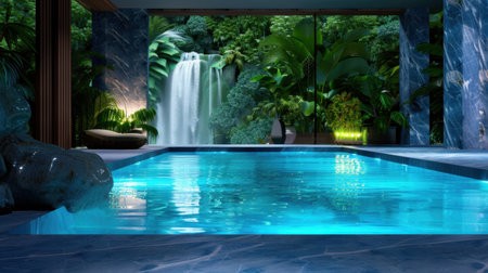 Experience a tranquil indoor pool surrounded by lush greenery and a stunning tropical waterfall, offering a peaceful retreat for relaxation and rejuvenation.の素材