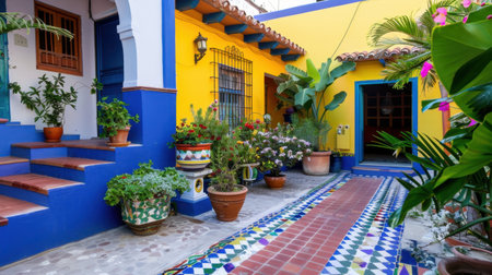 Explore a vibrant courtyard adorned with colorful walls and an array of lush greenery, creating a peaceful and artistic outdoor retreat.の素材