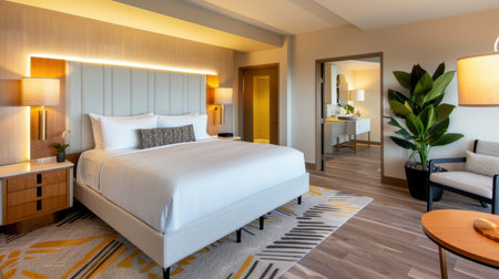 This modern hotel room features a stylish bed, elegant lighting, and inviting decor. The bright space offers a tranquil ambiance perfect for relaxation.の素材