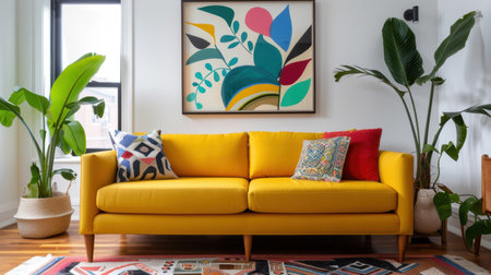 This stylish living room features a cozy yellow sofa adorned with playful decorative pillows, surrounded by indoor plants and vibrant wall art, creating a cheerful atmosphere.の素材