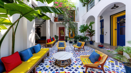 A vibrant outdoor patio features colorful seating arrangements, tropical plants, and artistic tile patterns, creating an inviting and relaxing atmosphere.の素材