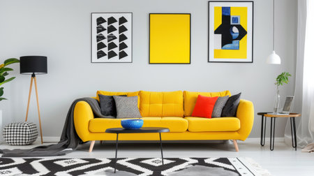 A modern living room showcasing a vibrant yellow sofa, stylish black and white artwork, and cozy textiles, creating a warm and inviting atmosphere.の素材