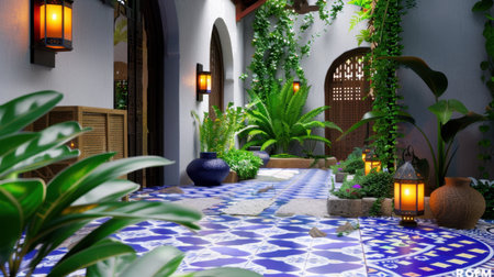 This captivating indoor courtyard features vibrant colored tiles, lush greenery, and soft lantern light. The serene atmosphere invites relaxation and contemplation.の素材