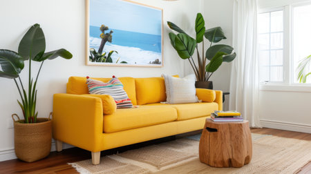 A vibrant living room featuring a yellow sofa, accented by tropical plants and coastal artwork, creating a cheerful and inviting atmosphere. The soft textures and natural light enhance the cozy and stylish design, ideal for relaxation and enjoyment.の素材