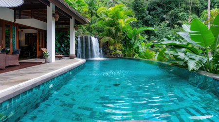 Discover a peaceful tropical retreat featuring a stunning pool, cascading waterfall, and vibrant greenery, perfect for relaxation and leisure.の素材