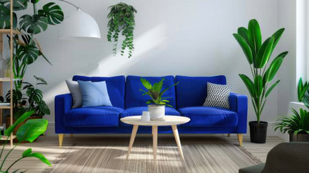 A modern living room featuring a bright blue sofa, elegant coffee table, and lush indoor plants accentuated by natural light, creating a cozy and inviting atmosphere.の素材