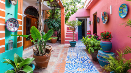 Explore a captivating courtyard adorned with vibrant colors, decorative pots, and lush plants, creating a serene and inviting atmosphere in a traditional Mexican style.の素材
