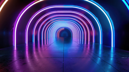 Explore a captivating neon tunnel featuring colorful illuminated arches and a reflective surface, creating a futuristic ambiance perfect for artistic projects.の素材