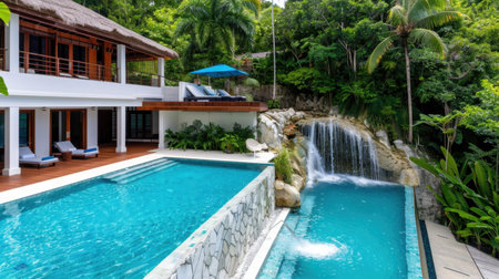 Experience a luxurious retreat in this stunning villa featuring a serene swimming pool and captivating waterfall amidst lush tropical greenery.の素材