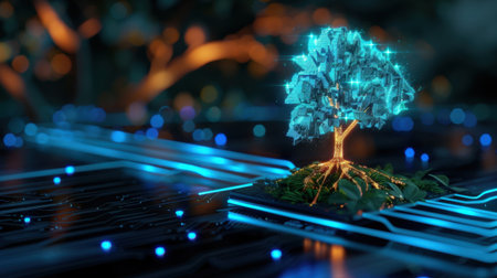 A striking visual of a digital tree growing on a circuit board, representing the harmonious blend of nature and technology. This image symbolizes innovation, sustainability, and future growth in an urban landscape.の素材