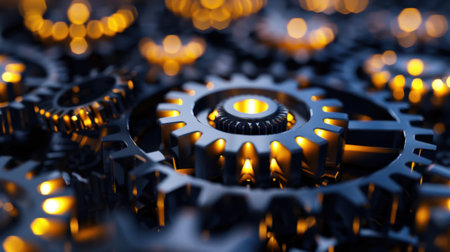 This captivating close-up image highlights metallic gears with glowing elements, illustrating a complex mechanical aesthetic set against a dark background.の素材