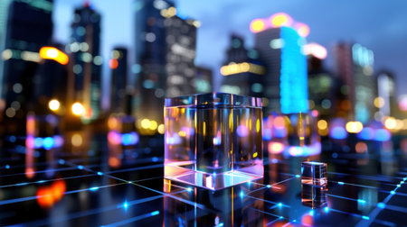 An abstract representation of a futuristic city skyline featuring glowing cubes and vibrant night lights. The reflective dark surface adds depth to the serene urban atmosphere.の素材