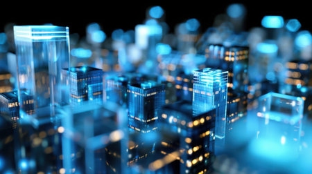 This captivating image showcases a futuristic cityscape filled with abstract skyscrapers and vibrant blue neon lights, creating a mesmerizing urban environment.の素材