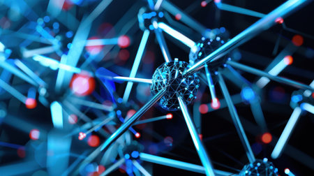 This abstract image captures the intricate connections of a futuristic network, showcasing nodes and lines illuminated in vibrant blue and red colors.の素材