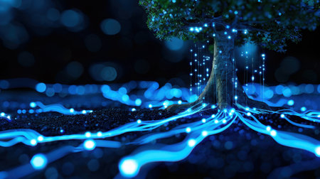 This captivating image showcases a glowing tree surrounded by ethereal lights that flow like rivers through a dark environment. The mystical roots seamlessly blend nature with fantasy, creating a serene and enchanting atmosphere.の素材