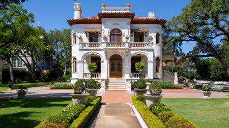 This stunning historic mansion showcases intricate architecture and beautiful landscaping. Surrounded by lush greenery, it offers a serene atmosphere and striking design.の素材