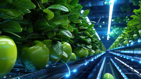 A captivating view of a high-tech greenhouse showcasing vibrant green apple trees under advanced LED lighting, highlighting innovative urban farming practices.の素材