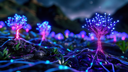 This stunning image features futuristic neon trees with glowing roots set in a vibrant digital landscape, illuminated under a starry night sky.の素材